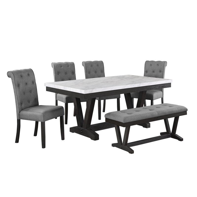 Dimo 6 - Piece White Faux Marble Dining Set, Grey, Grey
