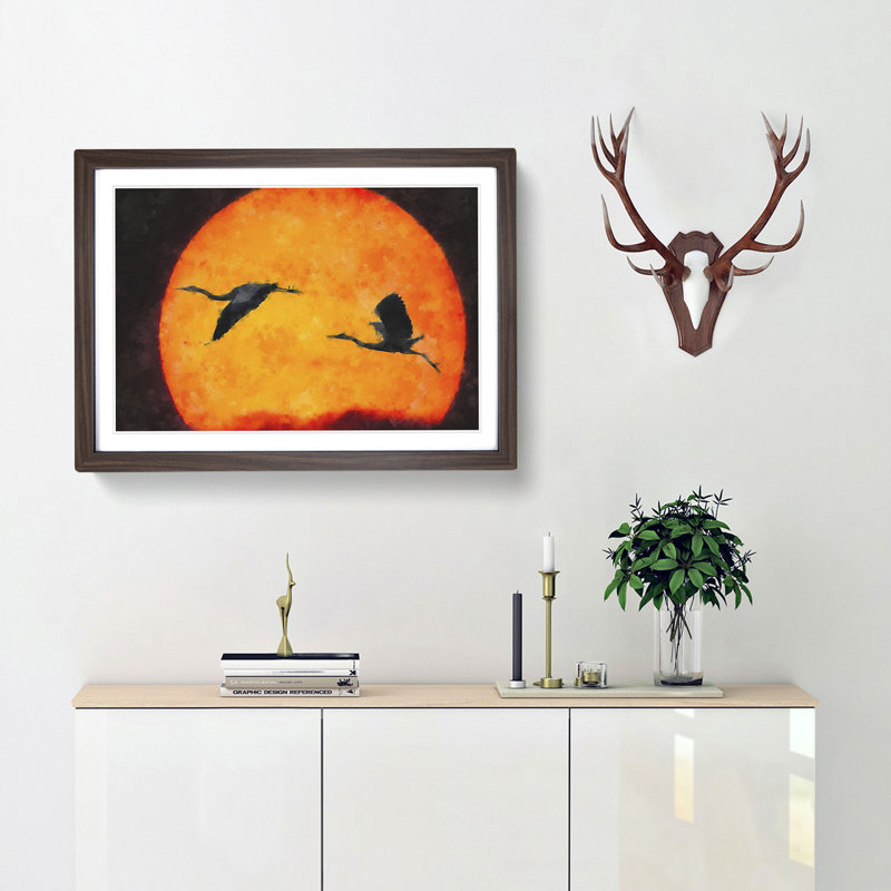 Two Heron Birds in Flight - Picture Frame Graphic Art Print, Walnut Framed, 62cm H x 87cm W x 2cm D