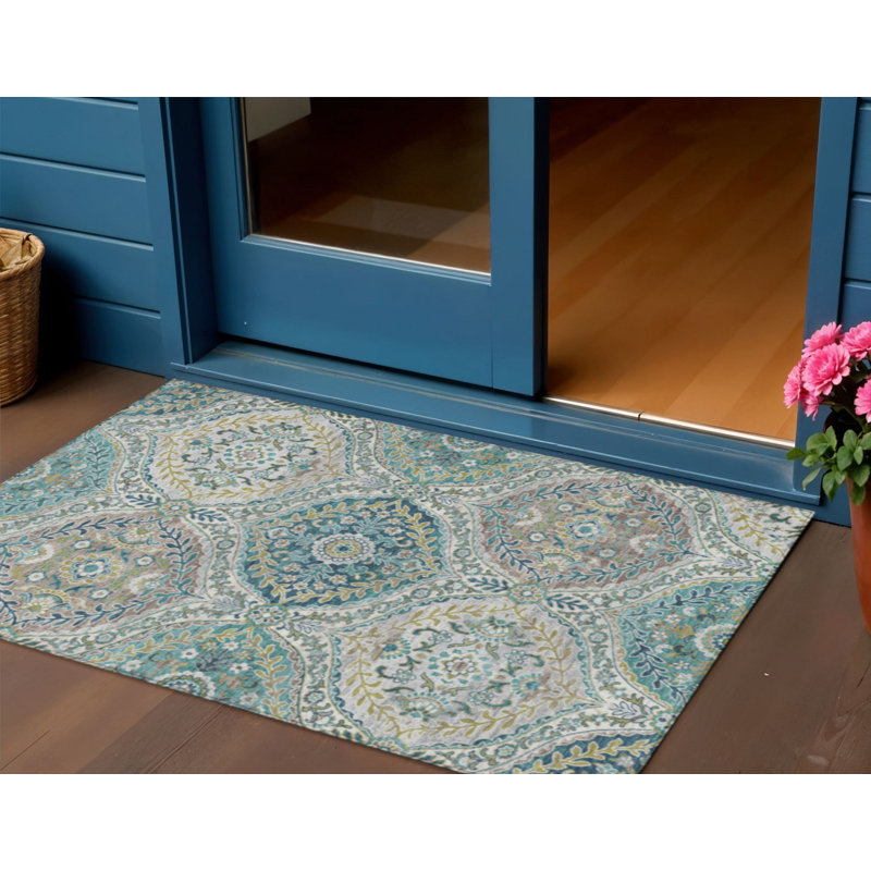 Tapis extérieur lavable floral bleu sarcelle 3 pi x 5 pi bleu sarcelle vert et beige