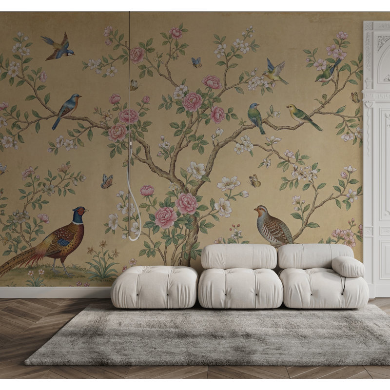 Papier peint botanique chinois discret, 80"x96", Non-Woven Nonpasted