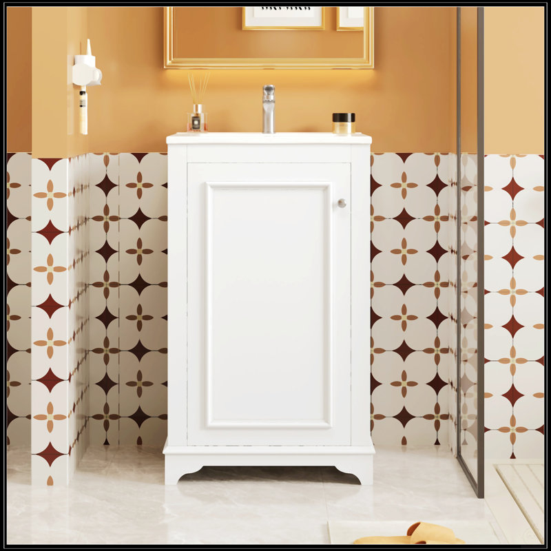 Meuble-lavabo autoportant de 20 pouces avec lavabo en céramique, porte à fermeture douce et tablette réglable, Blanc