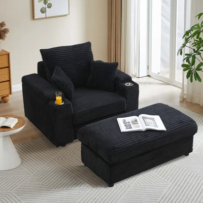 43.3" Corduroy Upholstered Chaise Lounge Chair Accent Lounge Chair With Cupholder And Ottoman For Living Room, Bedroom, Office by Latitude Run