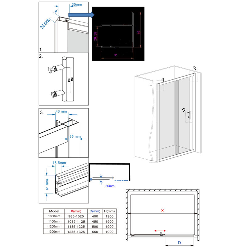 Ashlock 1125mm W x 1900mm H Single Sliding Framed Shower Door with Glass, Black