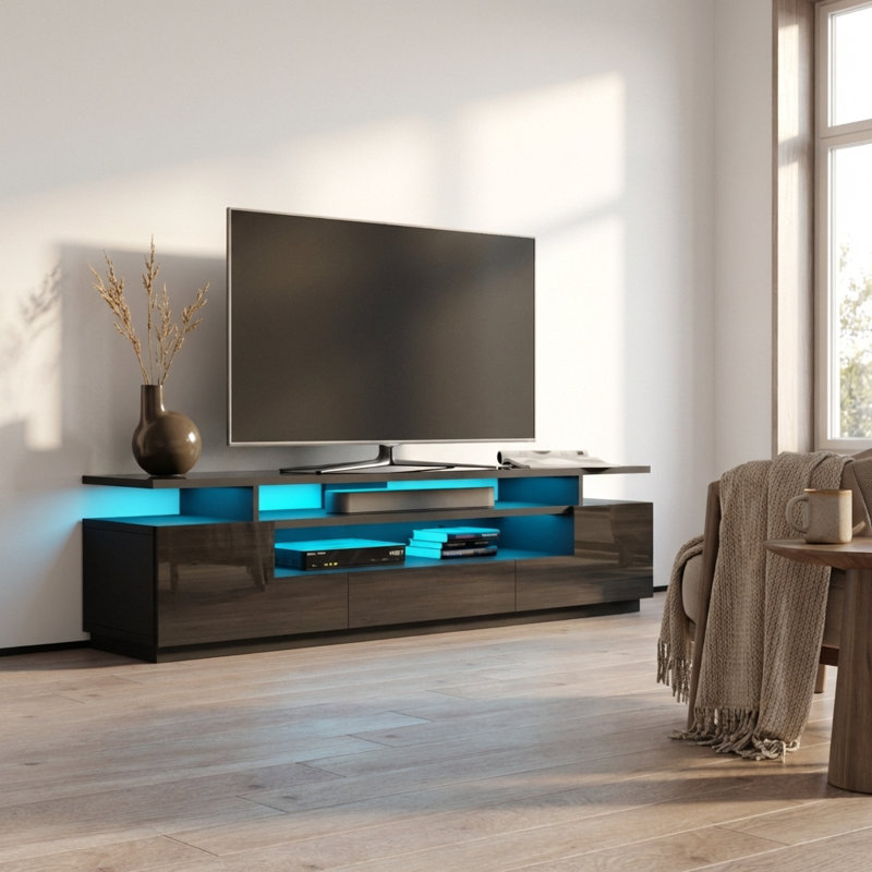 Delrosario 77" Modern TV Stand with 16-Color LED Lighting, High Gloss Finish, Media Storage, Black