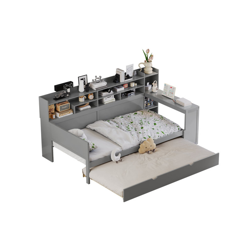  Twin Daybed with Storage Shelves, Multi-Functional Bed with Trundle and Study Desk, Grey, Twin