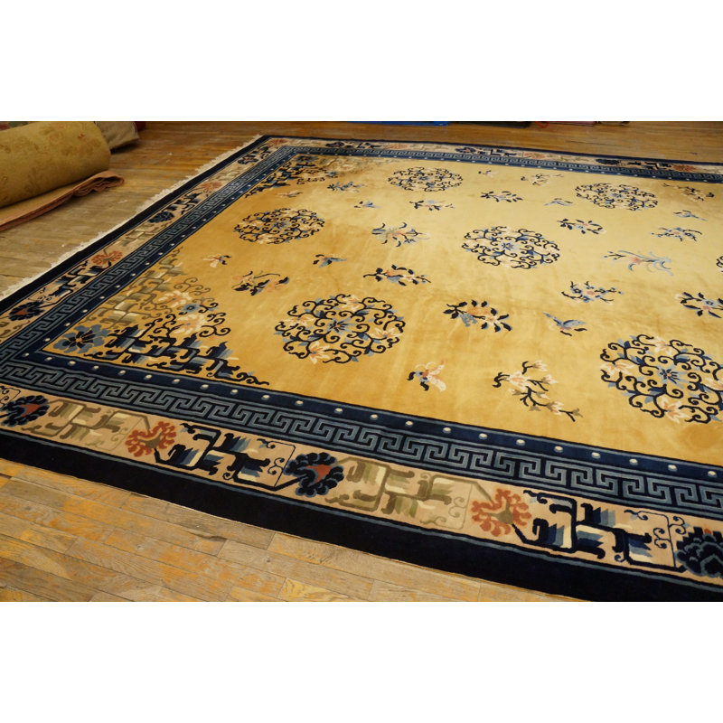 Tapis chinois rétro en laine noué à la main de grande taille ivoire