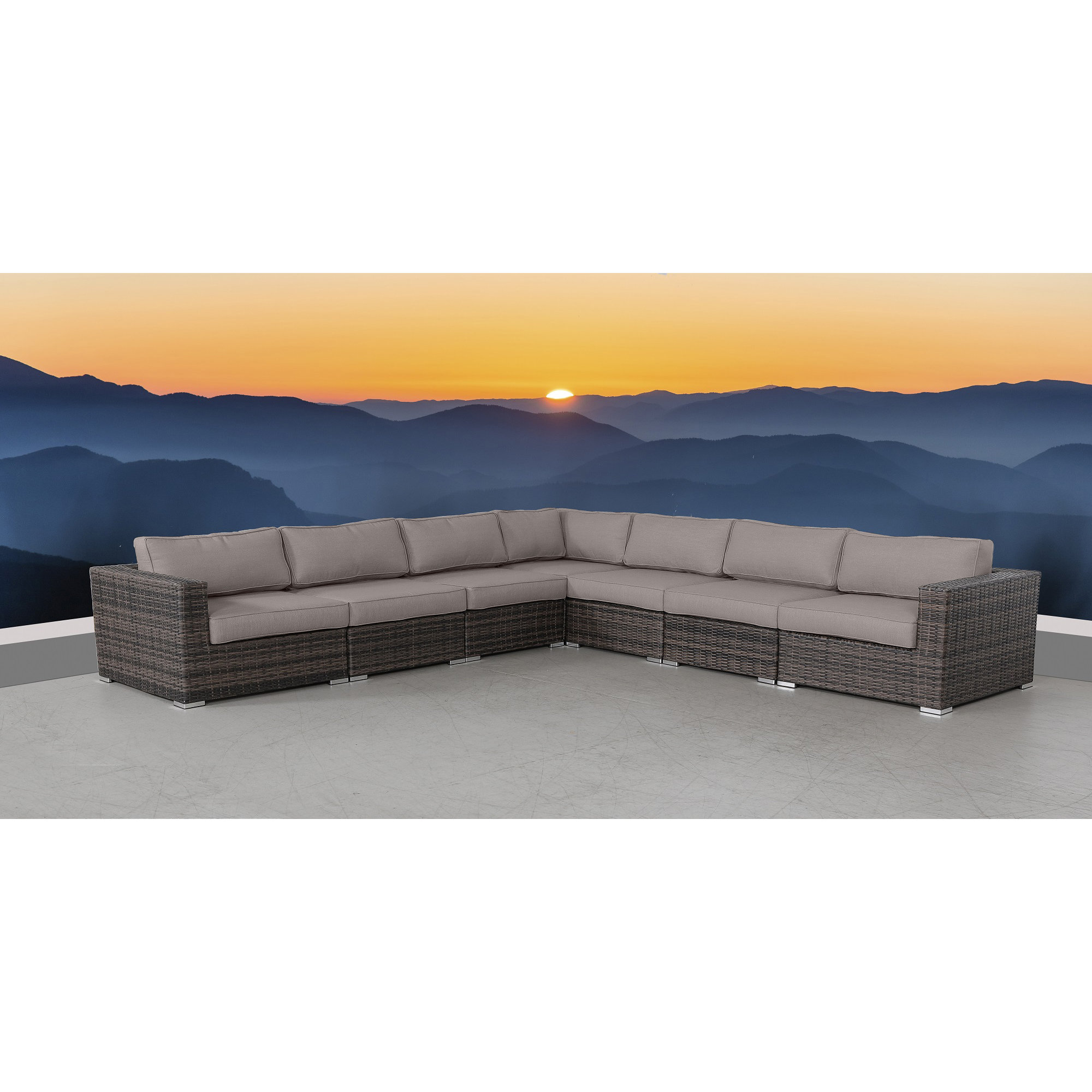 Foxtrot Fully Assembled 122'' Wide Outdoor Wicker Patio Sectional with Cushions, Sunbrella Taupe Cushion/Brown Frame