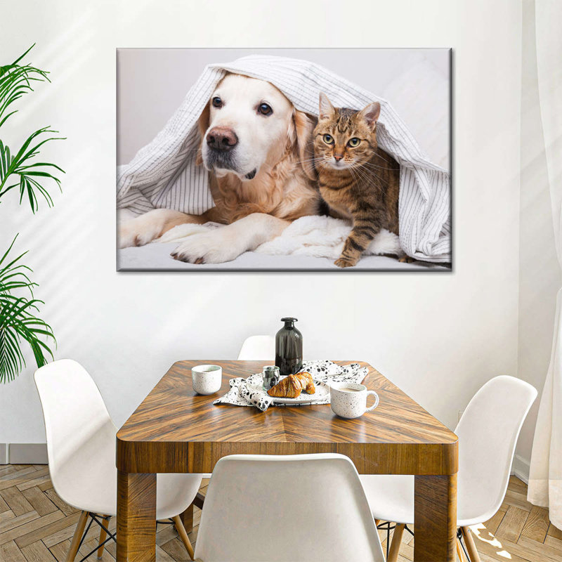 Chien et chat douillet sur toile, H 51 po x l 34 po x P 1,25 po