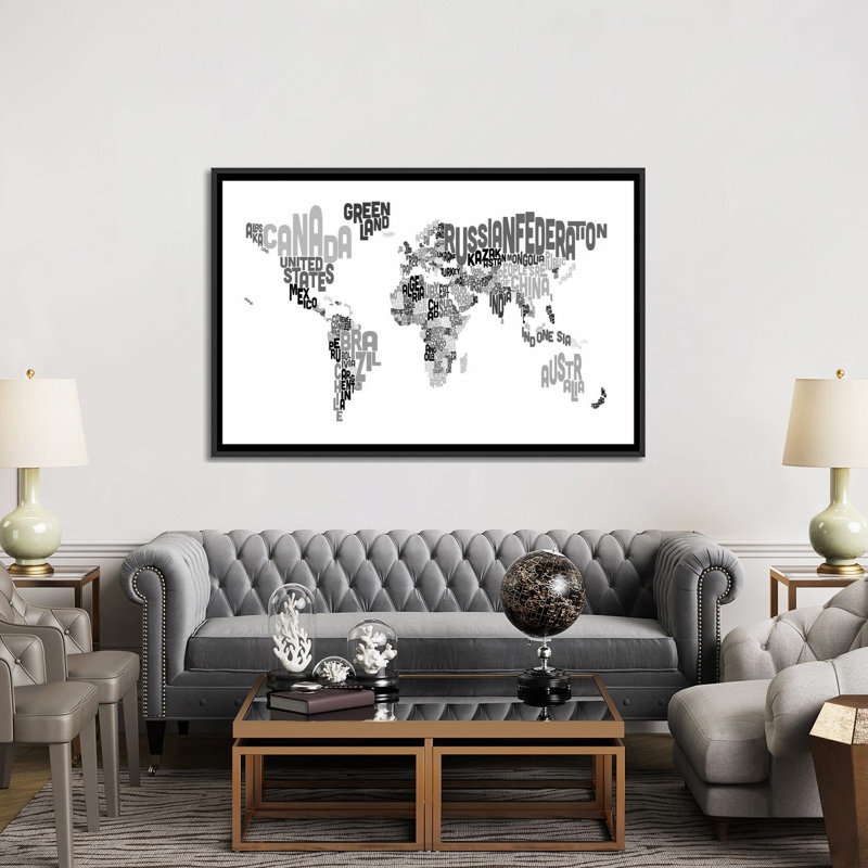 «Typographique Text World Map V» par Michael Tompsett, reproduction d'art sur toile, H 40 po x l 60 po x P 1,5 po
