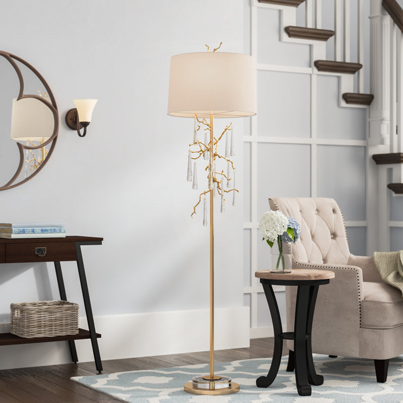 Antique Brass Crystal Drip Floor Lamp with White Silk Shade
