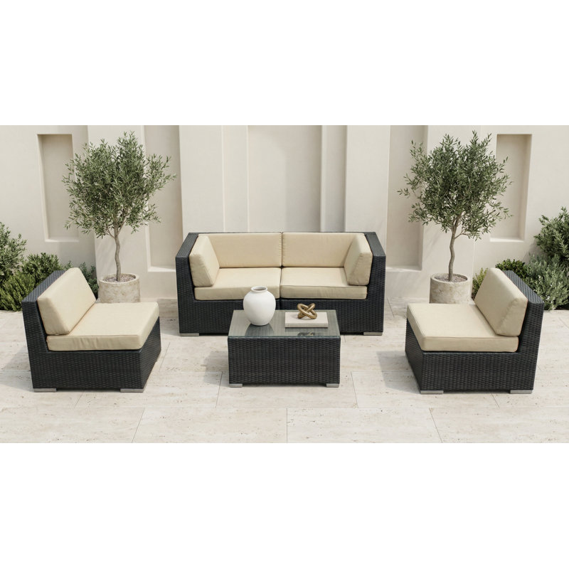 Ensemble de conversation en osier pour 4 personnes avec coussins Billyjo Wicker, Supercrylic beige, Noir