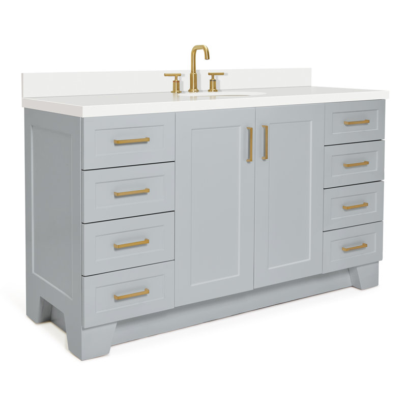 61 IN.  Single Bathroom Vanity, Gray, Oval, White Quartz