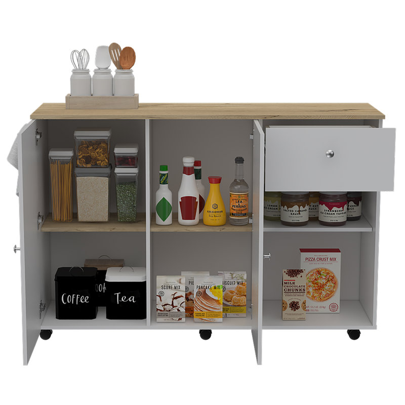 Victoria Movible Kitchen Island with Casters, Six Interior Shelves, One Drawer and Cabinet, White