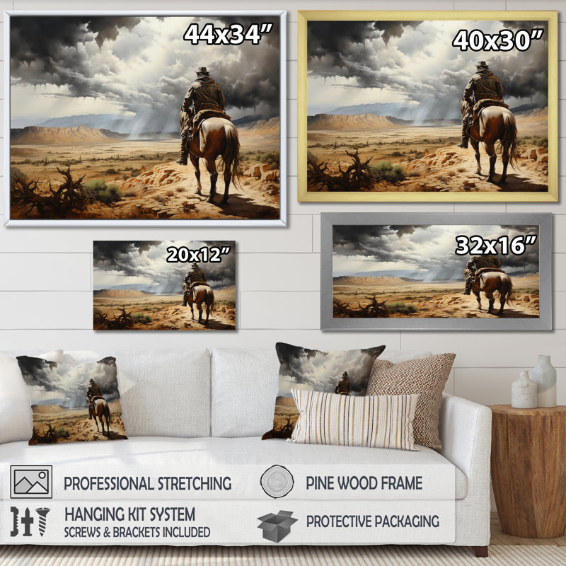 Cowboy Calm Before The Storm - Cowboys Canvas Wall Art, Cadre simple noir, H 24 po x l 32 po x P 1 po
