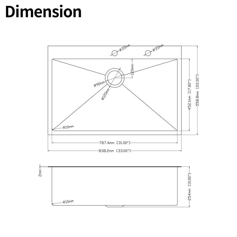 Évier de cuisine à simple cuve à montage sur plan 33 po x 22 po x 10 po - Acier inoxydable, acier alliant résistance et durabilité et durabilité, facile à nettoyer