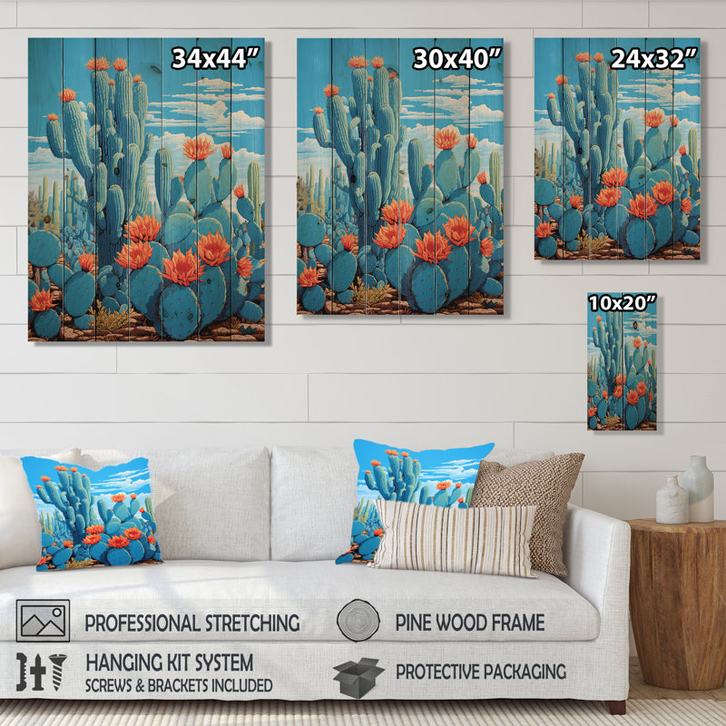 Cerulean Blue Cactus Collage - Art mural en bois de cactus sur bois de pin naturel, H 20 po x l 10 po