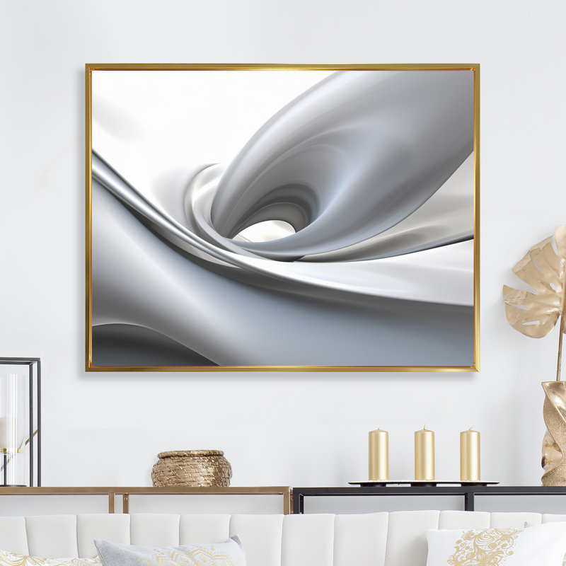 «White Grey Contemplative Abstraction - Abstract Modern Waves», art encadré, H 12 po x l 20 po x P 1 po, Cadre flottant doré