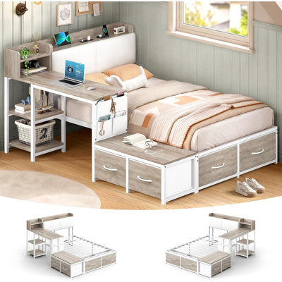 Lit simple d'angle avec bureau et 4 tiroirs, lit de jour pour chambre d'amis, blanc et gris chêne
