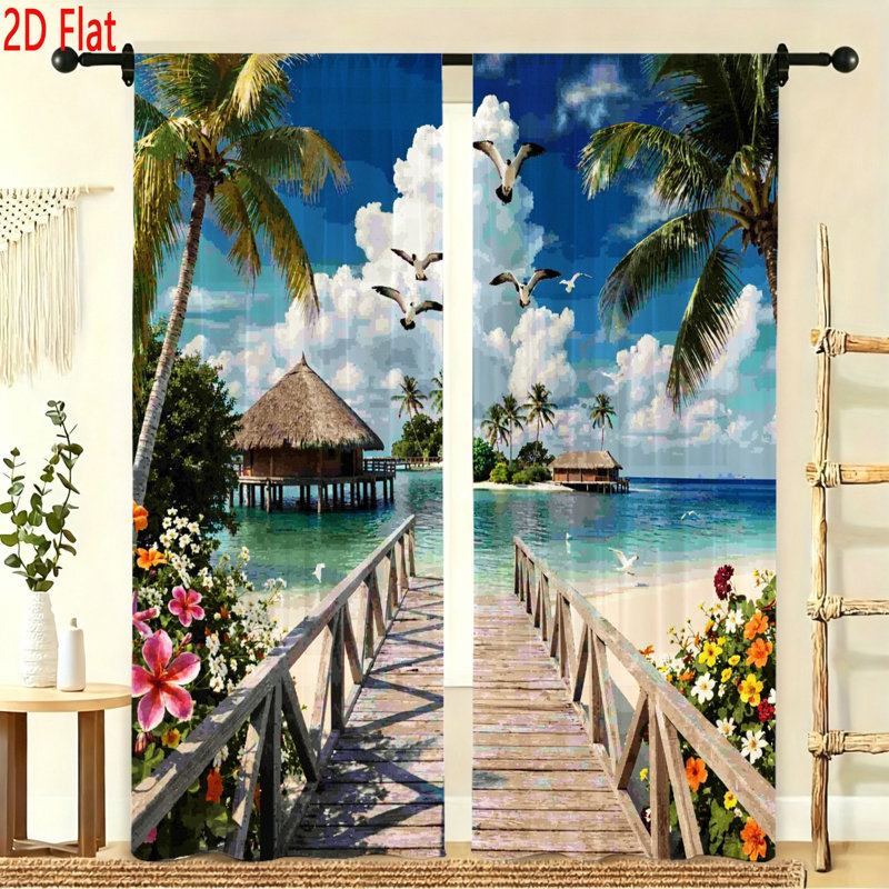 Rideaux de fenêtre à motif paysage de plage tropicale, ensemble de 2 pièces, vue sur l'océan, bungalow sur pilotis, palmiers, tissu imprimé paysage insulaire éclatant, panneaux doux et légers pour la décoration du salon et de la chambre à coucher.
