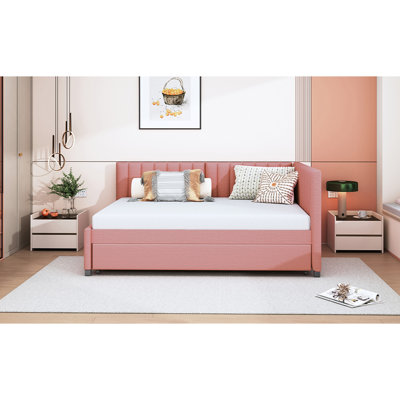Lit de jour rembourré avec lit gigogne - Lit gigogne double en lin rose, lin, sans sommier pour une chambre attrayante
