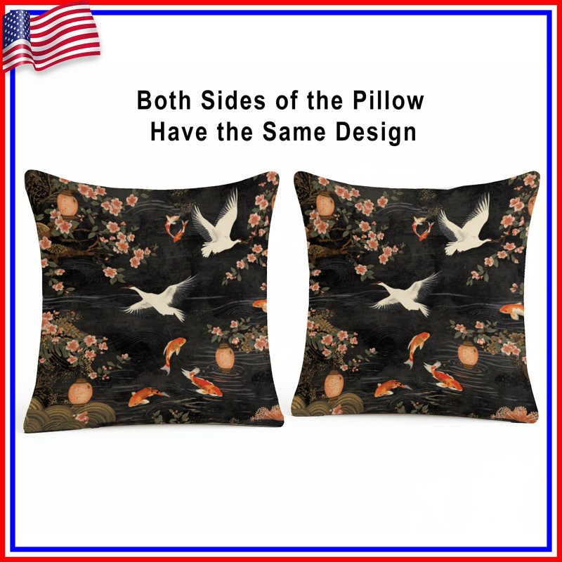 Coussins Cranes And Koi Fish, 14 X 14 pouces