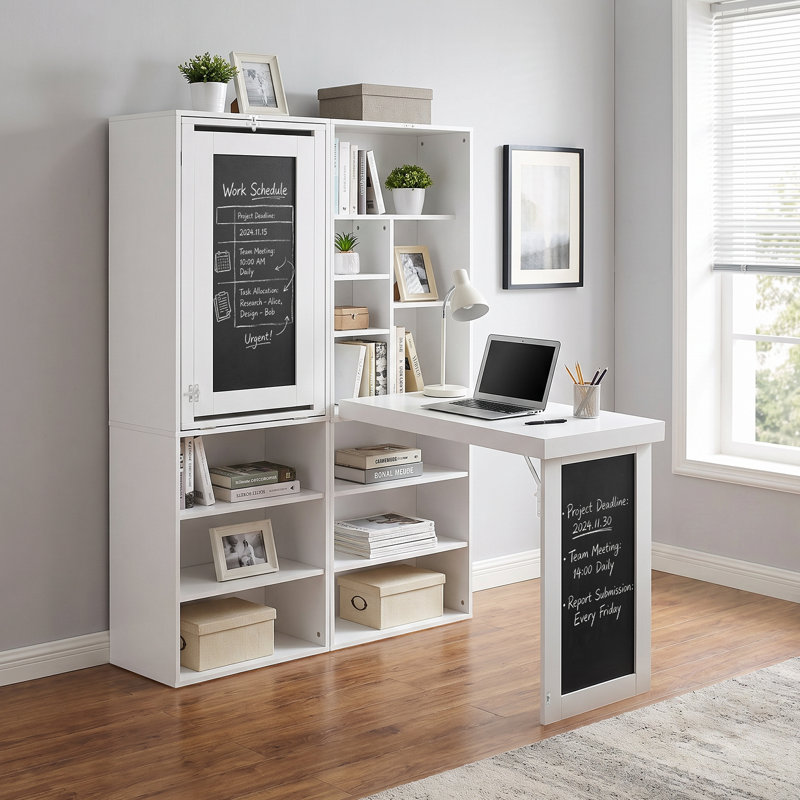 Bureau pliant avec rangement, table d'écriture convertible et pliable avec tableau noir et étagères, table-armoire pliante pour petits espaces/bureau à domicile/atelier de loisirs créatifs (blanc)