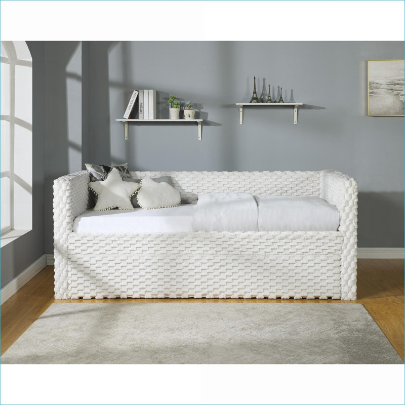 Daybed, Modern Ivory Textured with Pull-Out Trundle for Bedroom/Living Room | Solid Wood | Antique White