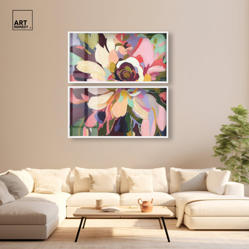 Velvet Bloom I - Ira Comleva, reproduction abstraite grand format en deux parties, encadrée sous verre, par Art Remedy, cadre blanc, 48 x 24 pouces