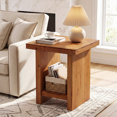 Table de bout carrée en bois massif, table d'appoint rustique à 2 niveaux pour le salon, brun