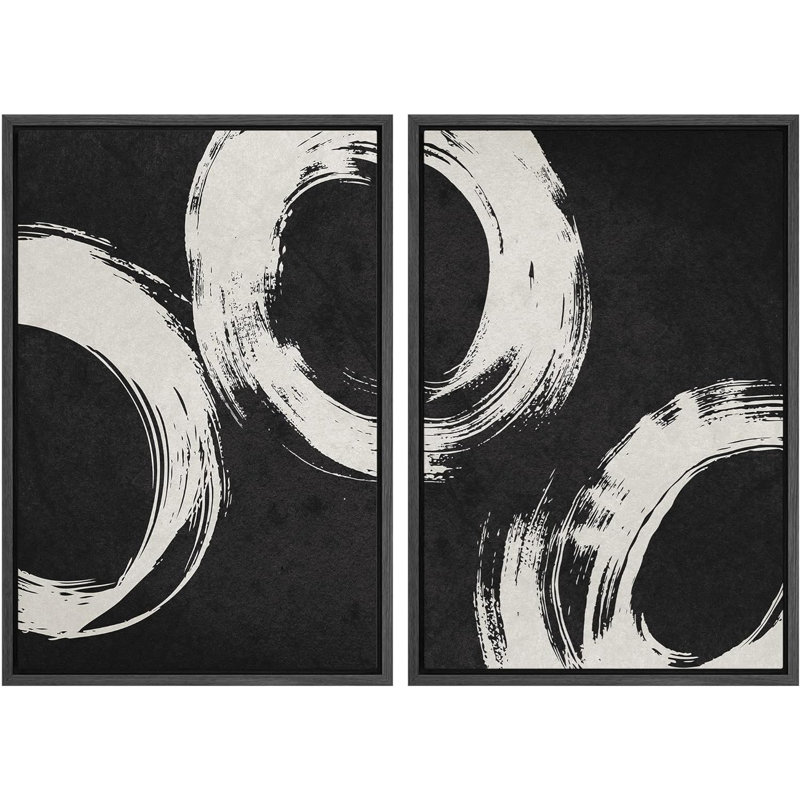 «Mid Century Shape Paint Stroke Circle Rings», reproduction sur toile 2 pièces, Noir, H 36 po x l 48 po x P 1,5 po