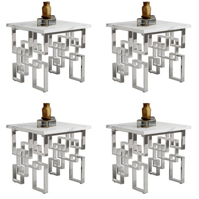 White Faux Marble And Silver End Table With Mirrored Chrome Metal Geometric Base Set Of 4