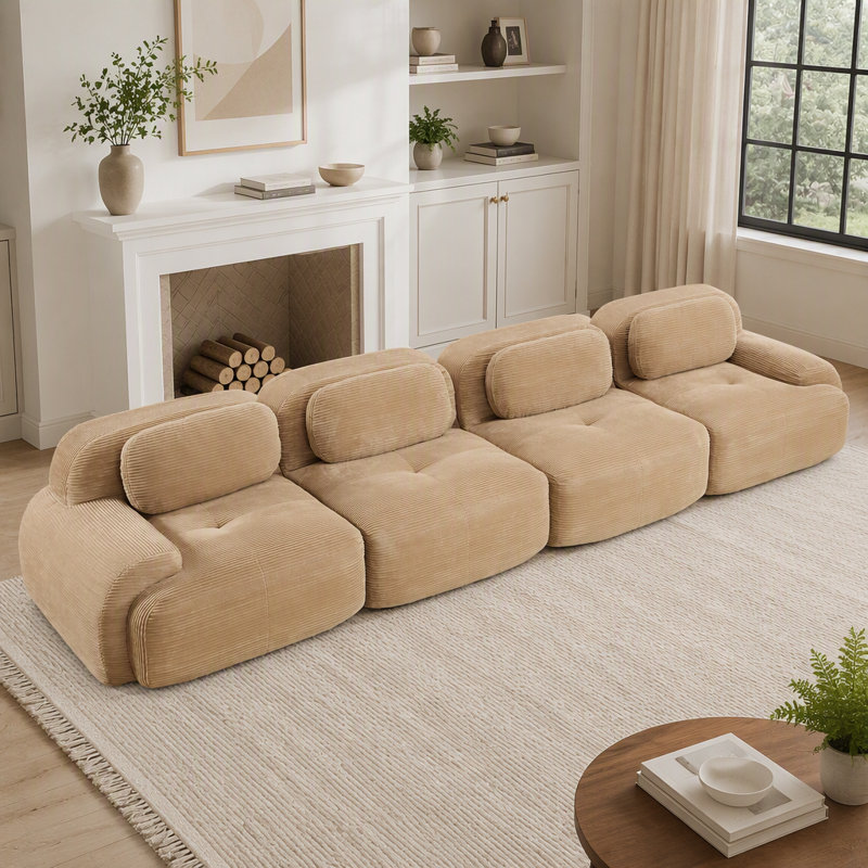 Canapé modulaire 4 places en velours côtelé doux avec éponge haute résilience 32D, conception ergonomique pour animaux de compagnie, aucun assemblage requis, brun clair