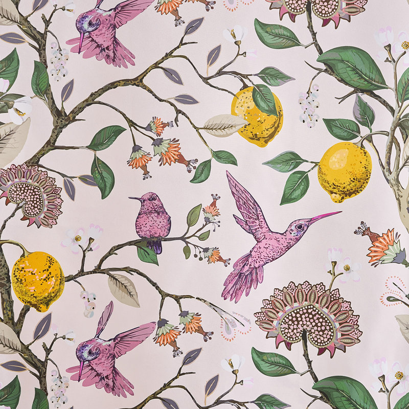 Fancy Hummingbird Patterned  Room Darkening Curtain,Rod Pocket Back Tab Floral Drapes,Set of 2, 52" W x 90" L, Pink