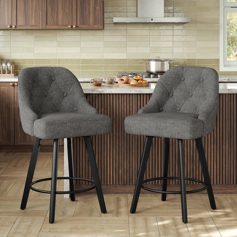 Swivel Upholstered Counter Stool with Solid Wood Frame, Grey Faux Leather, 2
