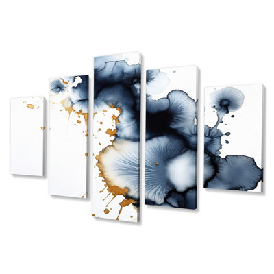 «Lovely Dreams Rhythms» or et nuages d'encre denim II - décoration murale abstraite - 5 panneaux
