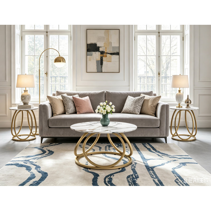 Living Room Table Set, Calacatta Gold/Gold