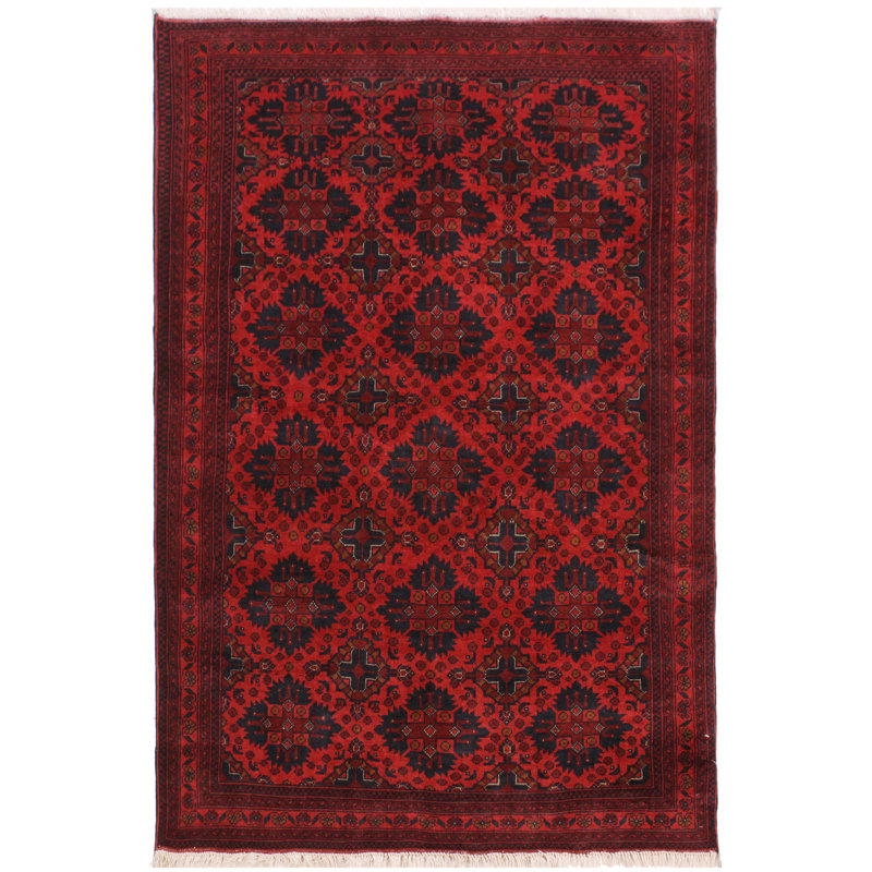 Tapis géométrique rouge / noir en laine noué à la main 4 pi 2 po x 6 pi 4 po Cremeans