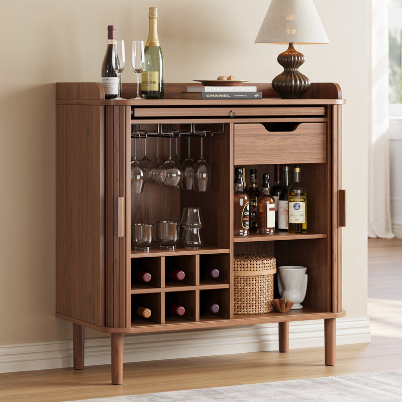 31.5'' Coffee Bar Cabinet With Wooden Sliding Door, Mid-Century Bar Stand With Wine Glass Holder, Wine Rack, Pull-Out Tray And Drawer