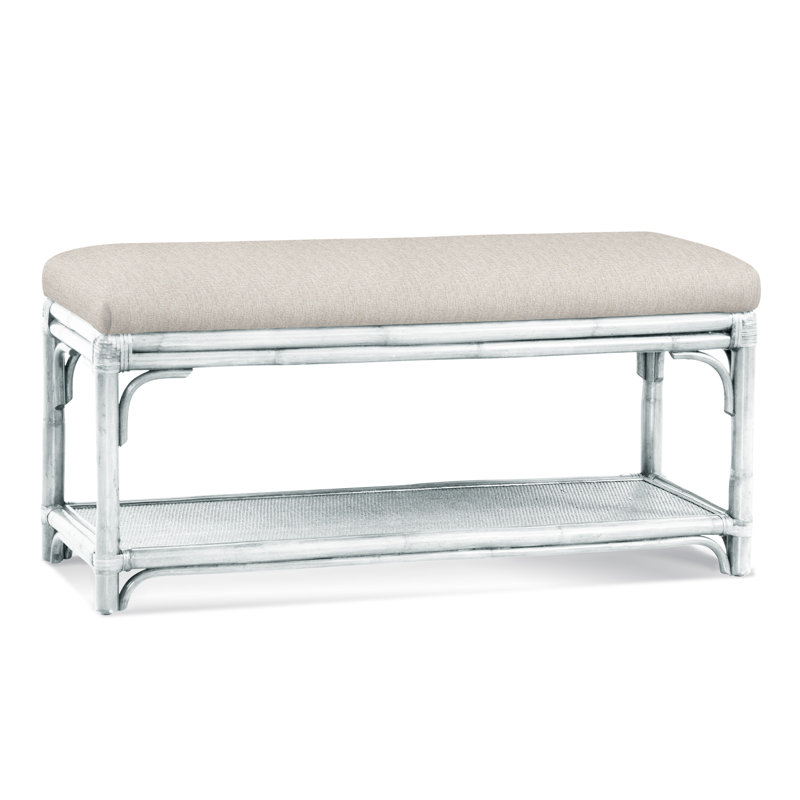 Summer Retreat Wicker Shelf Storage Bench, Frost White, Green and Blue Stripe; 0252-54