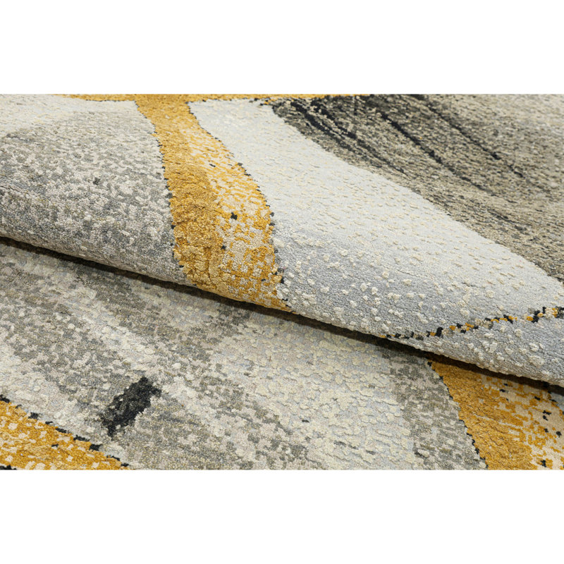 Hand Knotted Abstract Area Rug in Silver/Gray/Yellow, Rectangle 8' x 10'