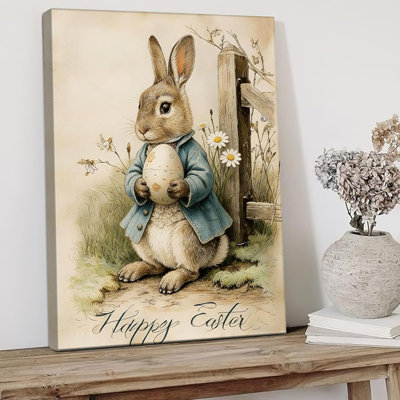 Lapin de Pâques, reproduction d'art sur toile, lapin mignon et œufs de Pâques, reproduction d'art de campagne rétro au printemps, décoration murale de Pâques encadrée moderne pour chambre à coucher, salon, salle de bain, bureau 12 po x 16 po