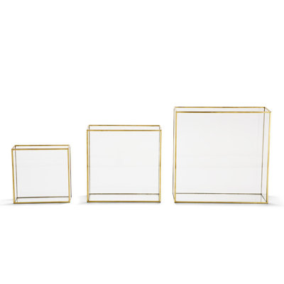 Glass and Metal Square Vase Set of 3 with Gold Trim, Decorative Floral Vases, 10"H