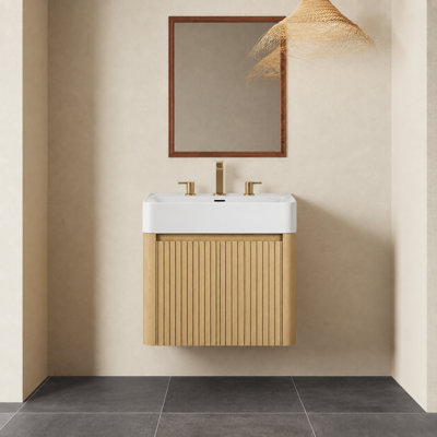 Meuble-lavabo mural de 61 cm (24 po) avec lavabo en céramique intégré, armoire de rangement suspendue avec 3 trous prépercés pour robinetterie, chêne
