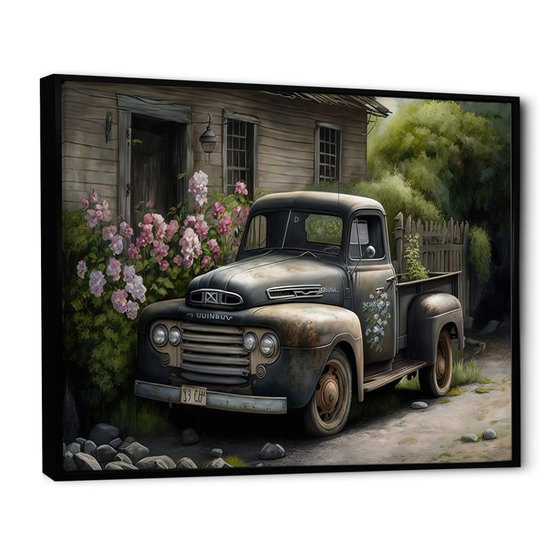 Voiture rétro à la grange - peinture sur toile, H 24 po x l 32 po x P 1 po, Toile avec cadre flottant noir
