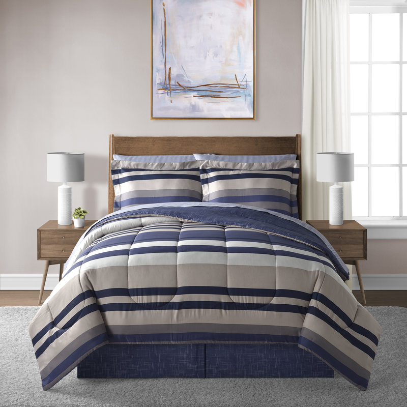 Lanwood Home Xavier Stripe 8-Piece Microfiber Comforter Set, Blue/Gray, King Comforter + 7 Additional Pieces