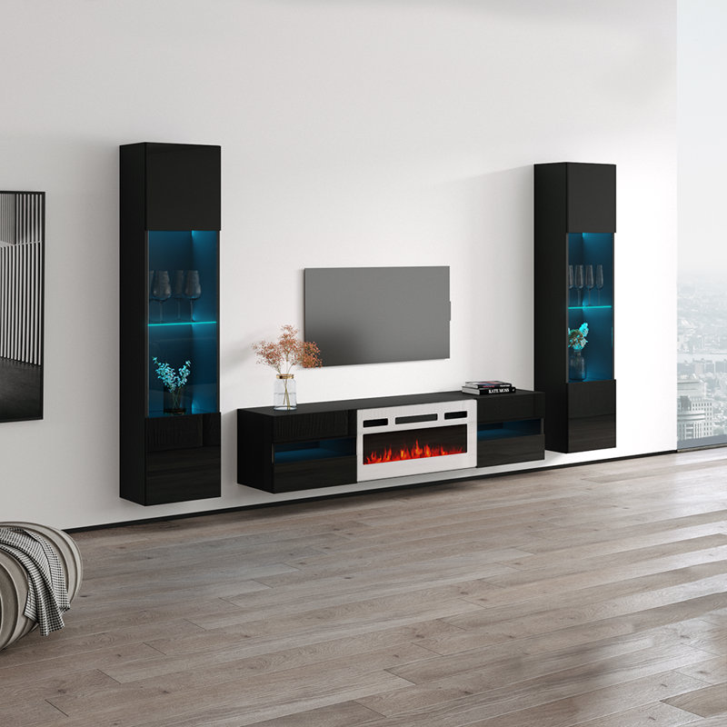 Meuble audio-vidéo moderne avec foyer électrique 103,6 po Briag, Noir