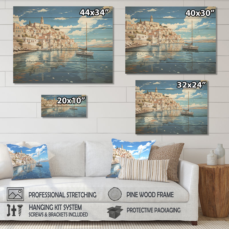 Syros Serenityscape III - Paysage portuaire côtier sur bois, H 30 po x l 40 po x P 0,78 po