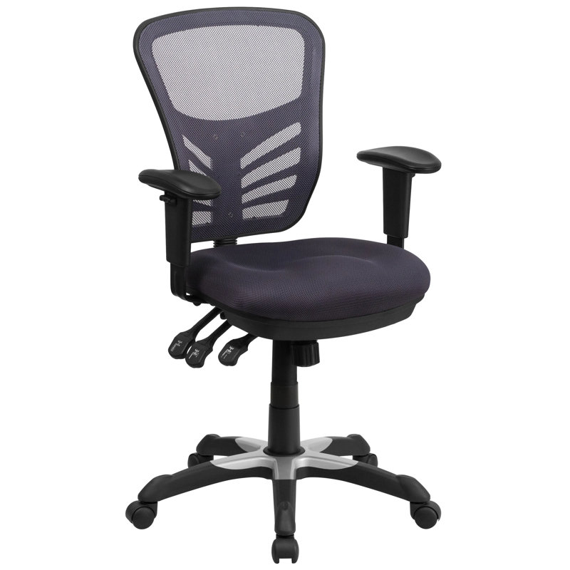 Chaise de bureau ergonomique en filet à dossier moyen avec accoudoirs réglables Siyer, Gris foncé, Noir