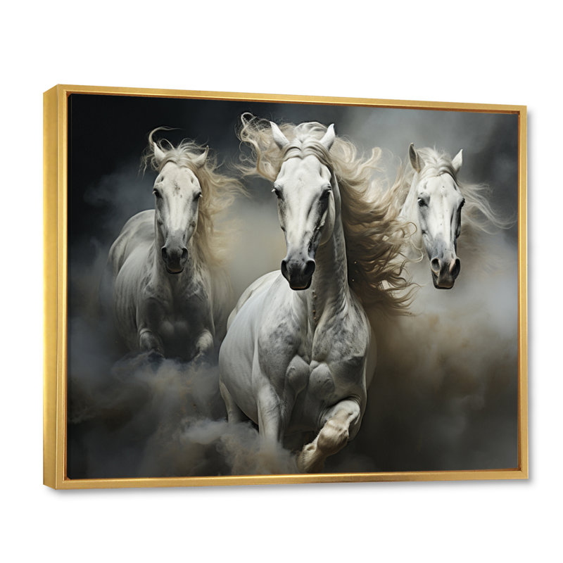 «White Beige Horse Equine Harmony», reproduction d'art sur toile encadrée, Cadre flottant doré, H 30 po x l 40 po x P 1,5 po