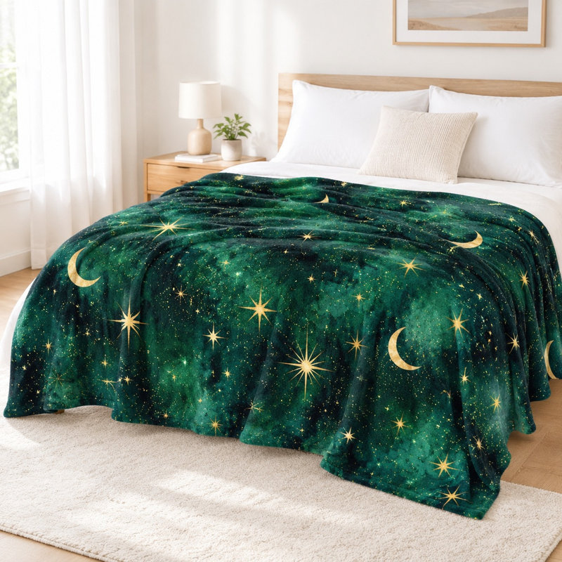 Galaxy Print Flannel Throw Blanket - Celestial Moon and Star Pattern, Deep Green, Ultra Soft, Lightweight, Breathable, All-Season, Skin-Friendly, Machine Washable, Decorative, for Sofa, Couch, Living Room and Bedroom